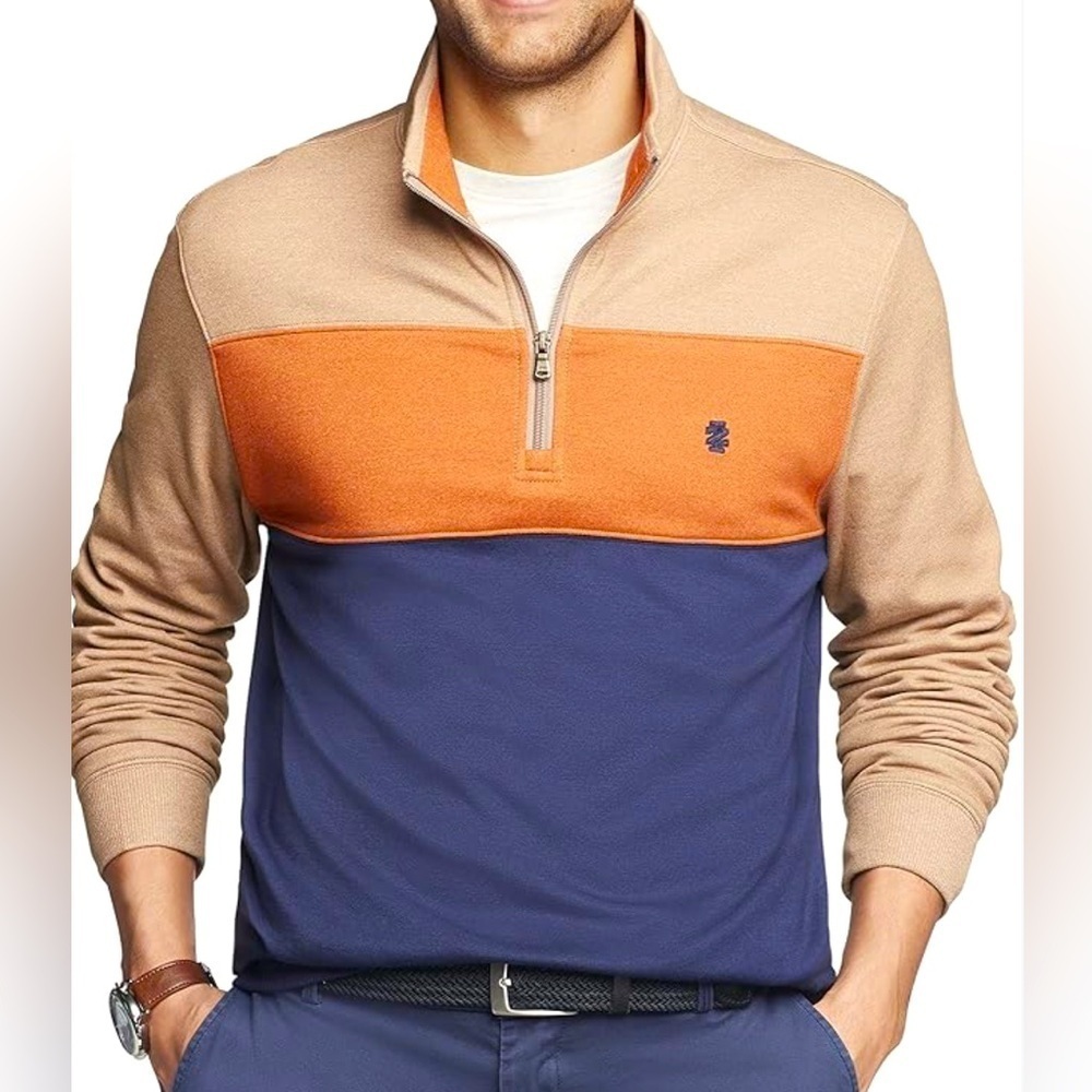 Izod Slim Fit Advantage Performance Quarter Zip Blue Tan Sweatshirt Size Large